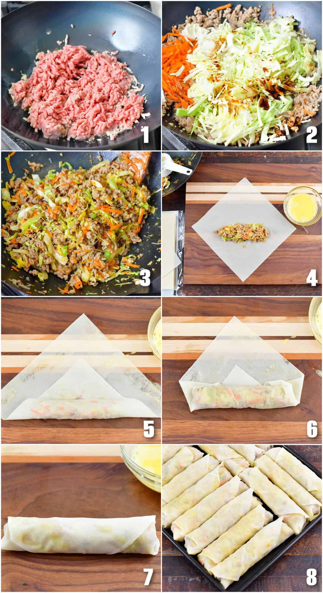 collage of eight images of cooking steps for spring roll filling and the steps to roll them up in a wrapper.