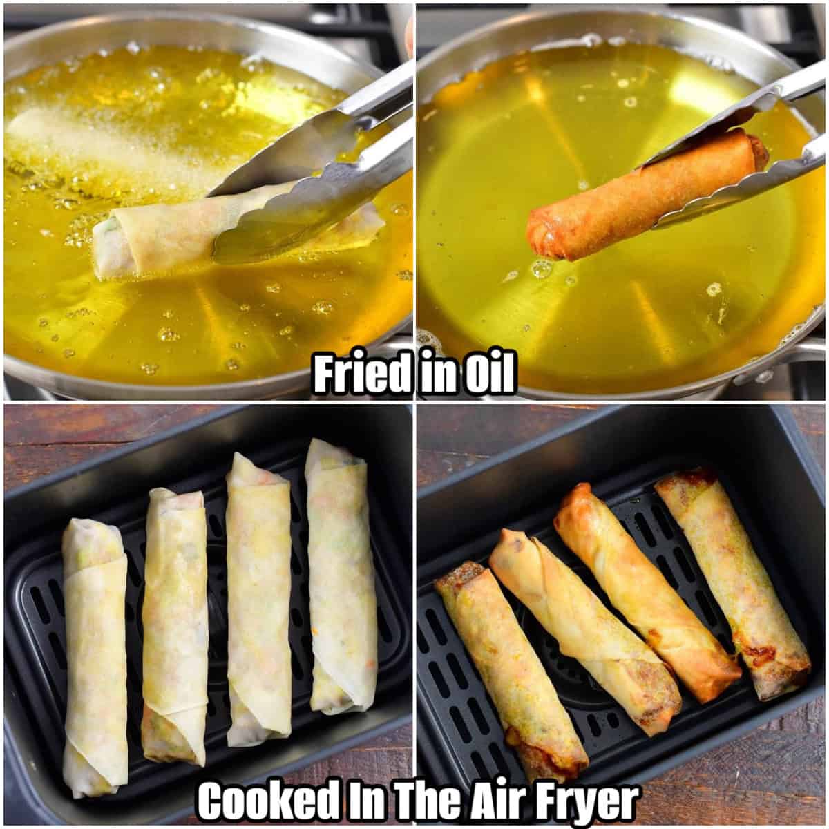 collage of four images of option to cook the Thai spring rolls by frying or air frying.