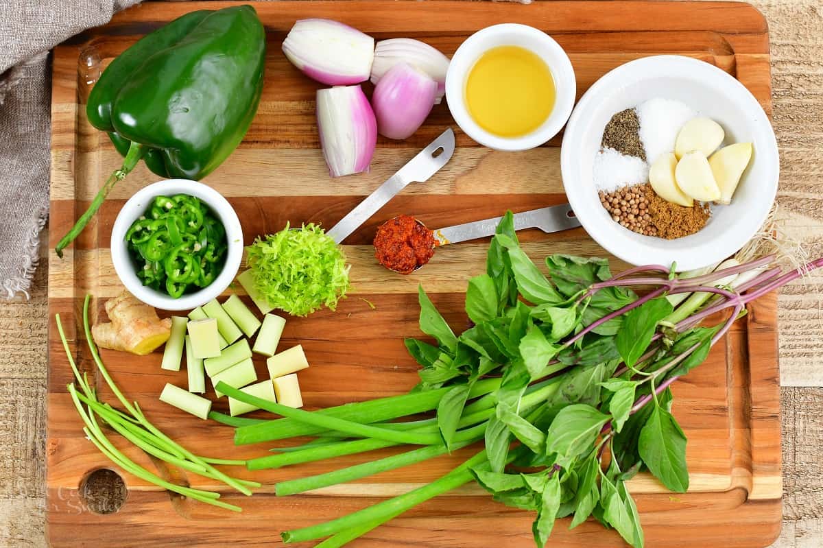 ingredients for green curry paste on the cutting board