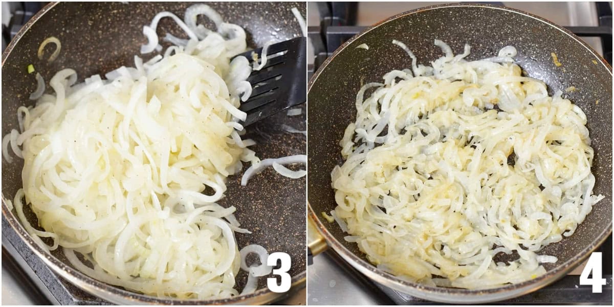 collage of two images of onions cooking down more and more.