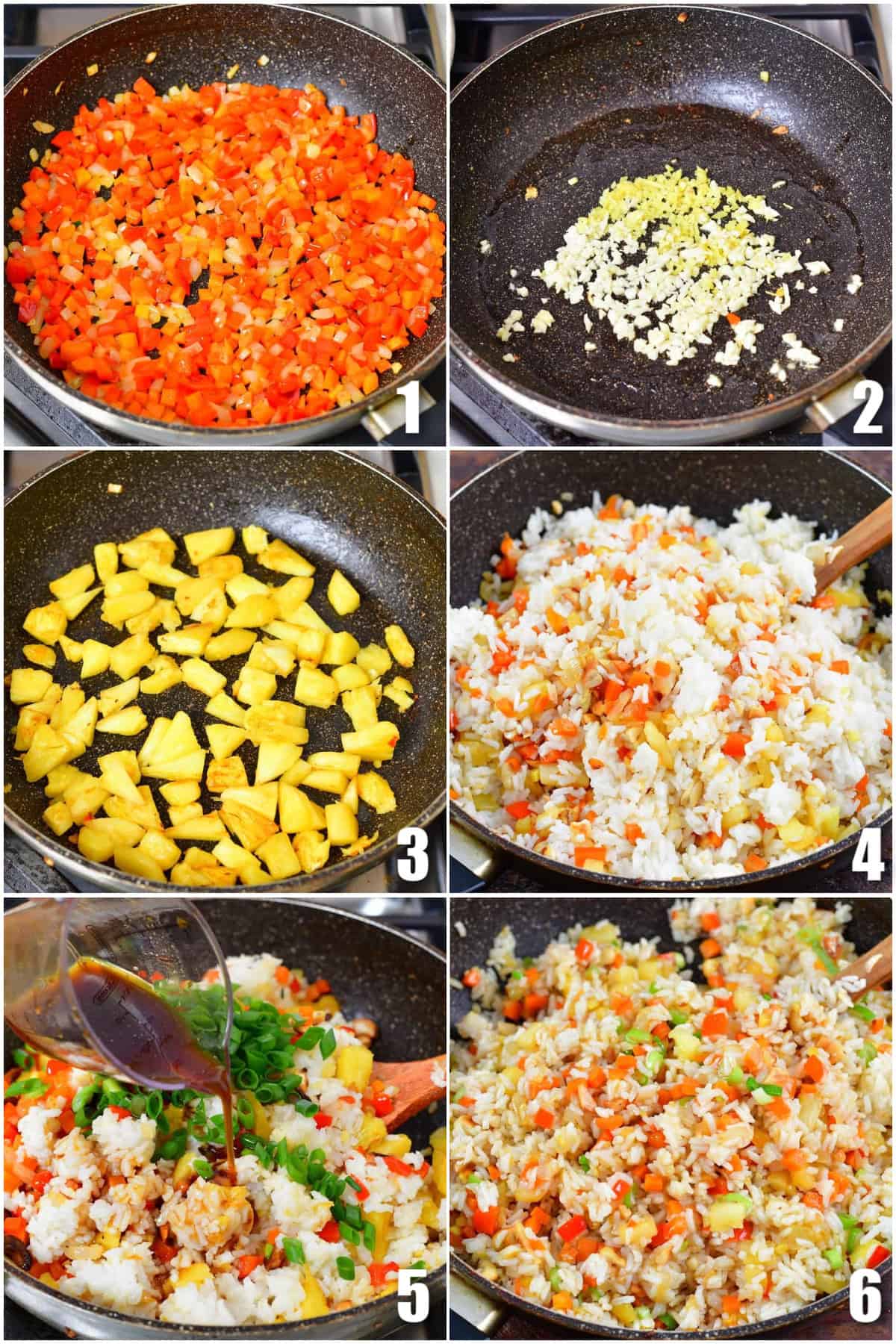 collage of six images of cooking veggies, pineapple, rice and adding sauce to pineapple fried rice.
