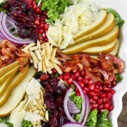 closeup top view of layered toppings on thanksgiving salad.