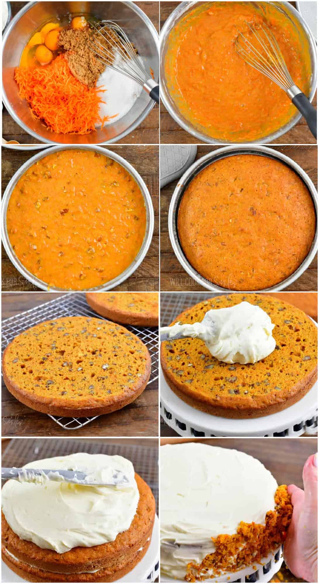 collage of eight images of steps to make the carrot cake.