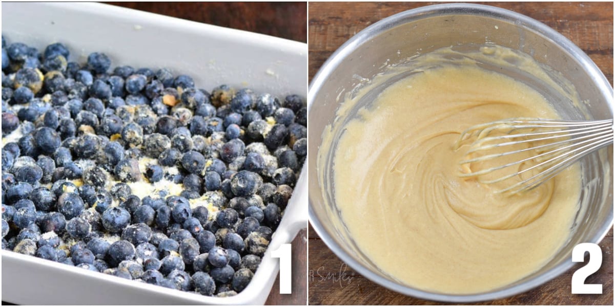 collage of two images of blueberries coated in sugar in the pan and mixing batter.