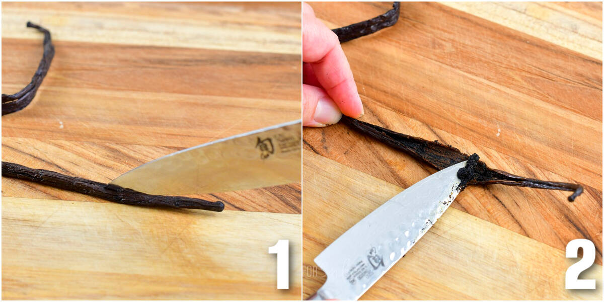 collage of two images of slicing through vanilla bean pod and scraping the beans.