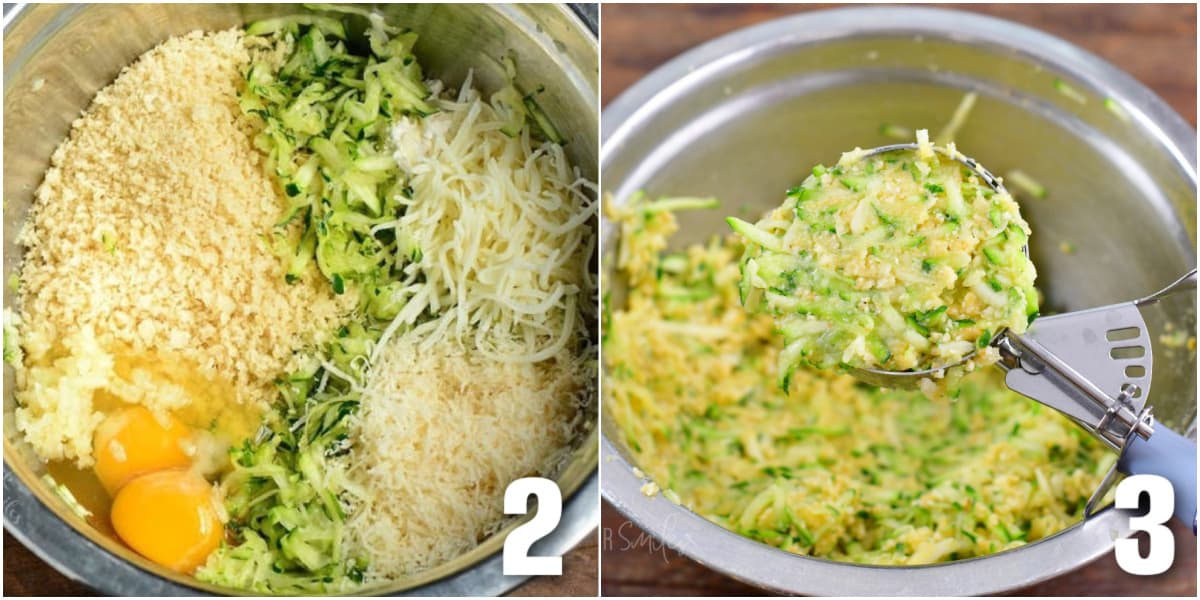 collage of two images of making zucchini fritter mixture and scooping it.