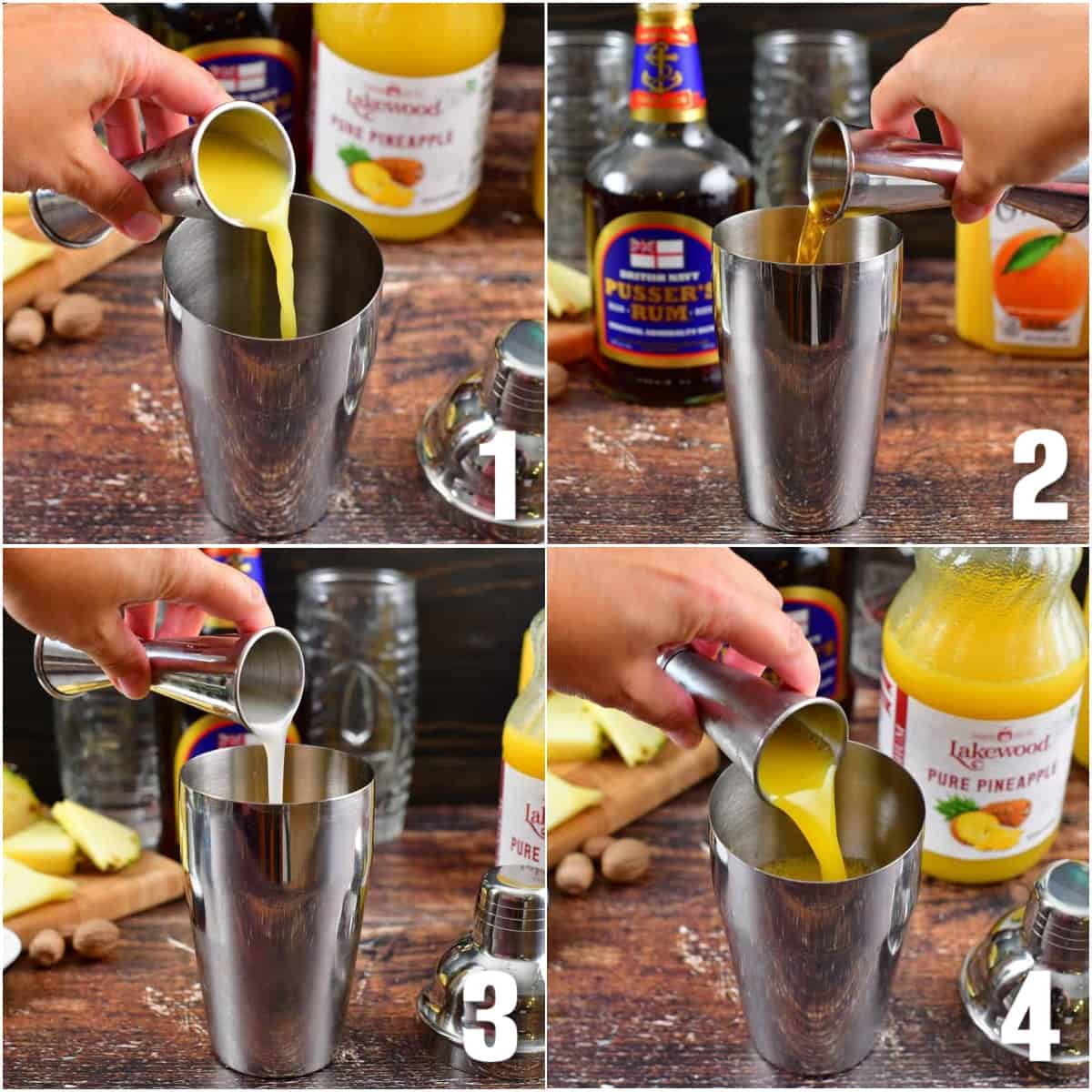 collage of four images of adding liquors and juices into the shaker.