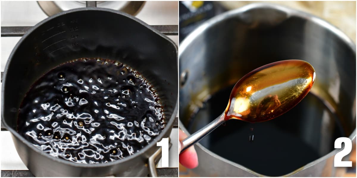In the first photo, balsamic reduction is cooking in a pot. In the second photo, balsamic reduction is coating the back of a spoon.