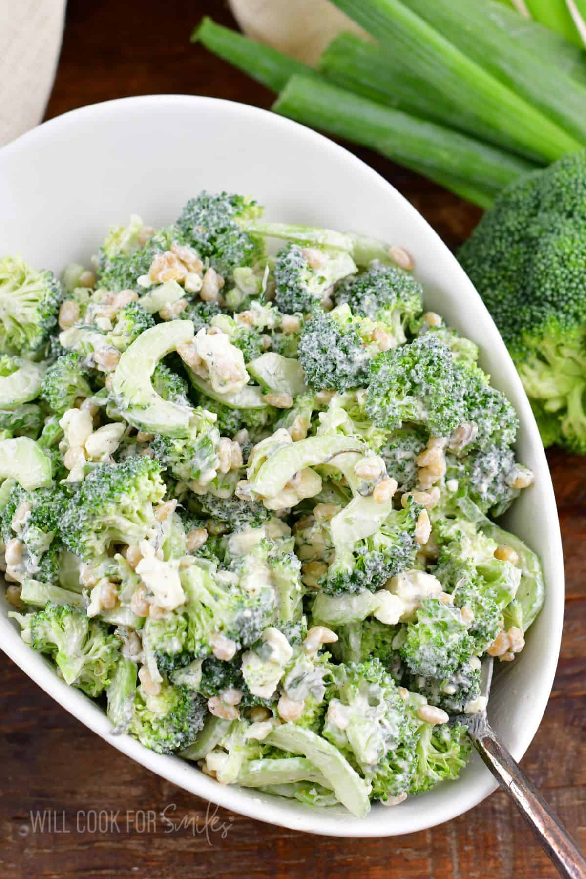 Cucumber broccoli salad is presented in a large white bowl.