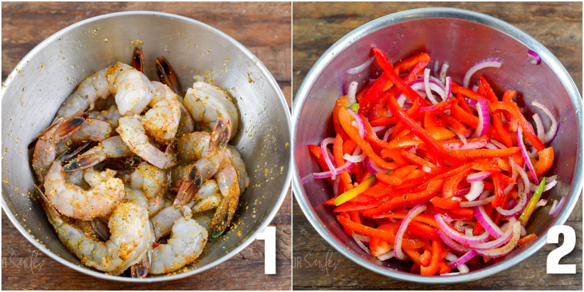 two process images of marinating shrimp and veggies