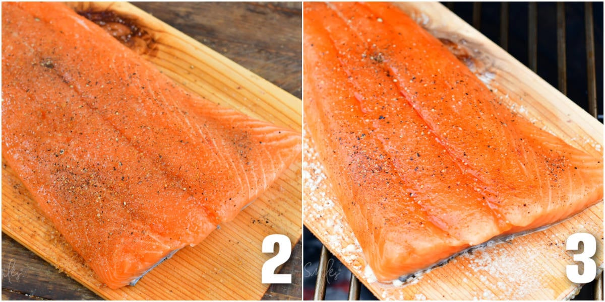 collage of two images of raw salmon filet on the wood plank and salmon on the plank of the grill.