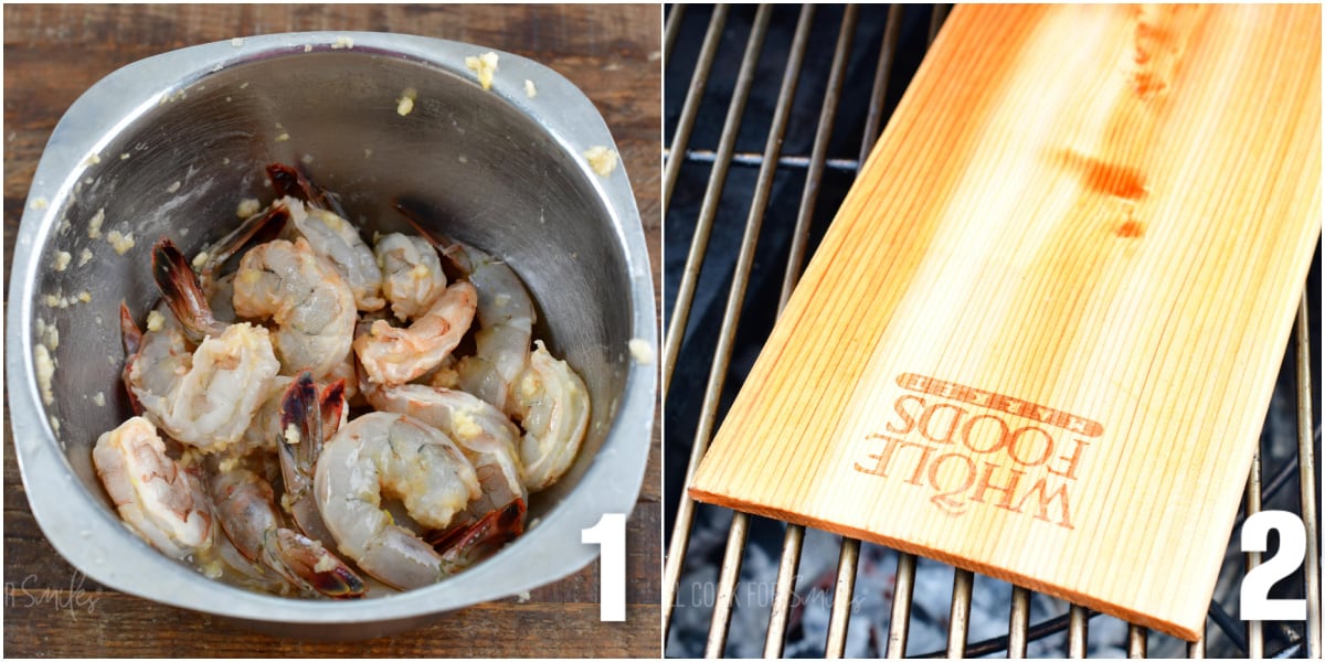 Shrimp are being seasoned in a bowl and a wooden plank is being warmed on a grill.