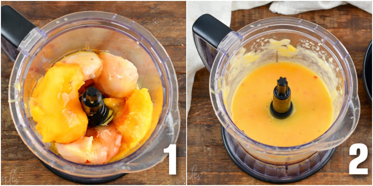 In the first photo, the ingredients for peach puree are placed in a food processor. The second photo shows blended peach puree.