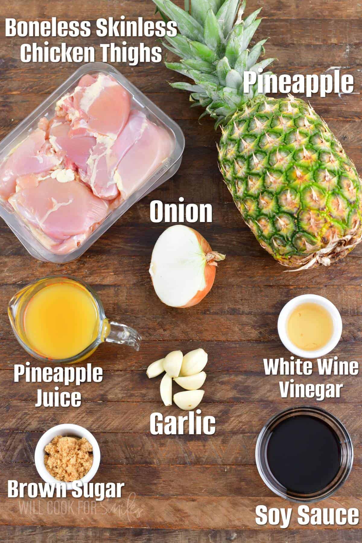 the ingredients for pineapple grilled chicken kebobs are placed on a wooden surface