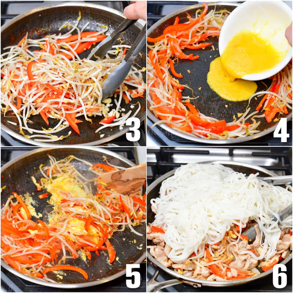 In the first photo, vegetables are being cooked in a skillet. In the second photo, eggs are being added to the center of the skillet. The third photo shows eggs being cooked with vegetables. The final photo shows noodles being added to the skillet.