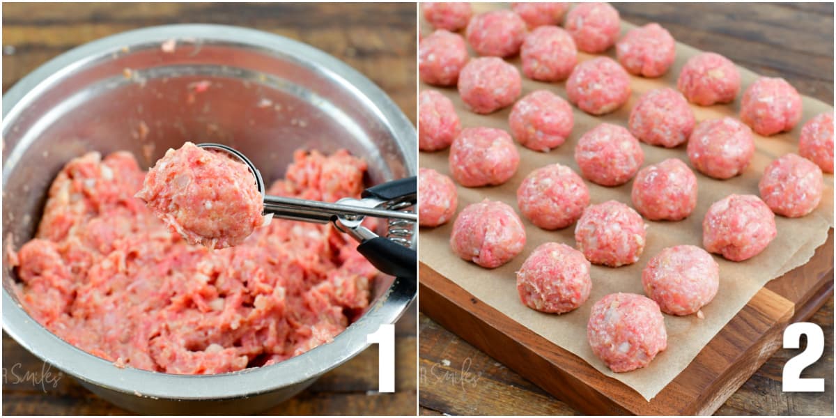 One photo shows the ground meat mixture being scooped from a mixing bowl. The second photo shows meatballs lined up on parchment paper.