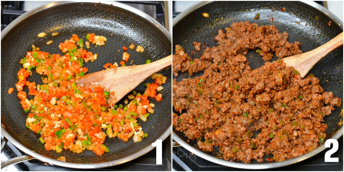 One image shows vegetables being sautéed. The second image shows cooked ground beef in the same pan.