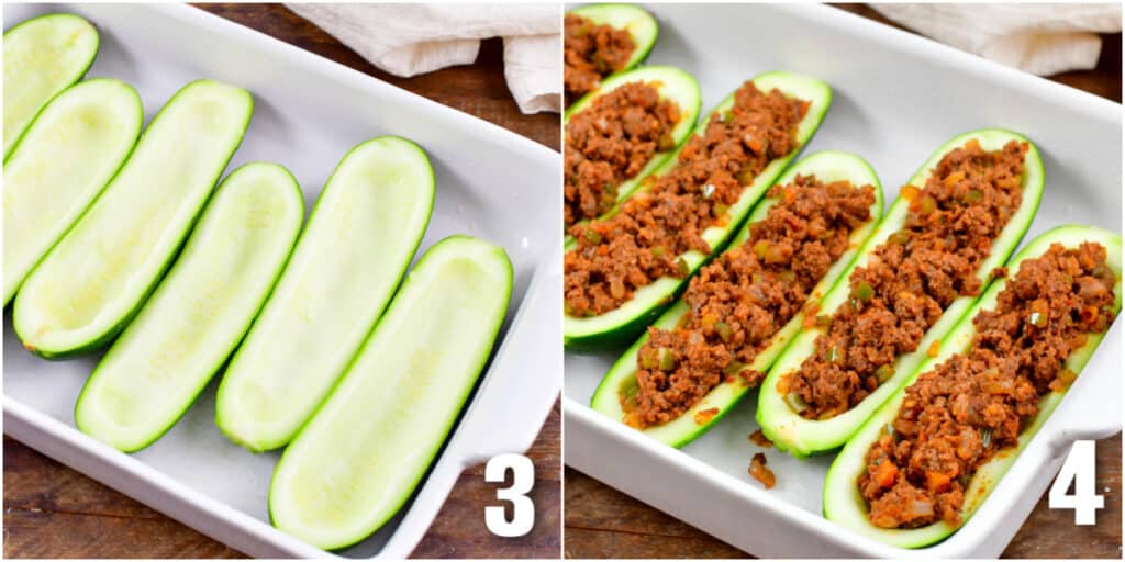 Prepared zucchini with no beef are pictured in the first image. In the second image, the boats have been stuffed with the beef mixture.