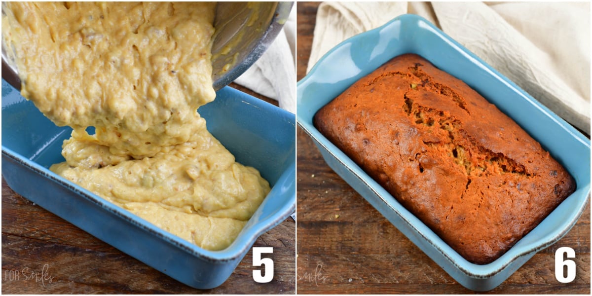 Bread batter is being poured into a loaf pan. A second image shows the bread fully baked.