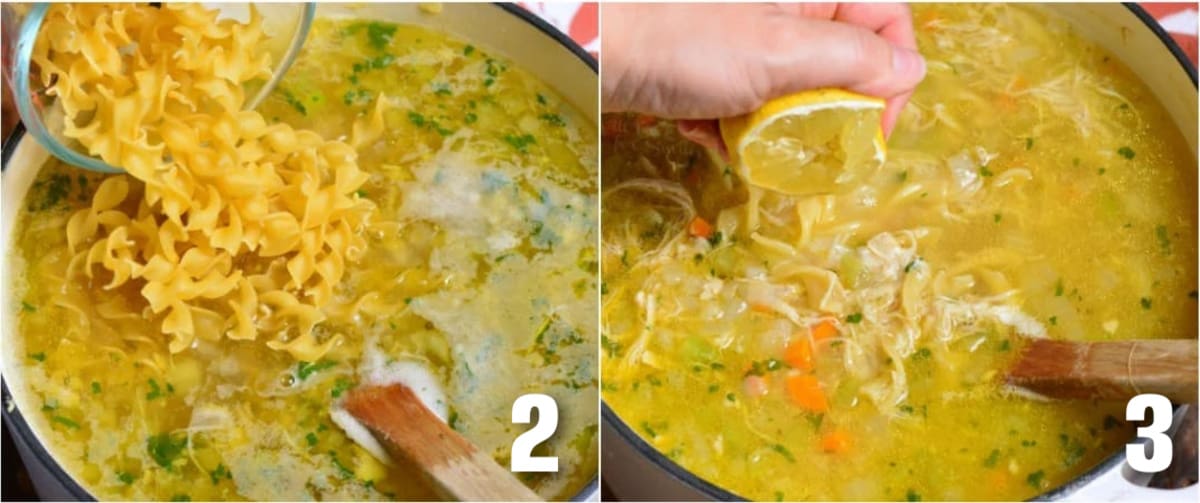 collage of two images on of noodles being added to pot and one of lemon being squeezed into the pot.