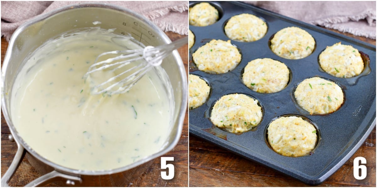 The first image shows cream sauce in a pan. The second image shows baked meatballs in a pan.