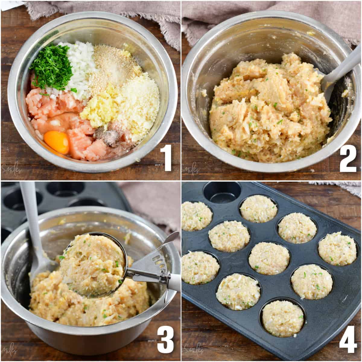 The first image shows the meatball ingredients placed in a mixing bowl. The second image shows the ingredients all mixed together. The third image shows a cookie scoop scooping the mixture. The fourth image shows meatballs placed in a baking pan.