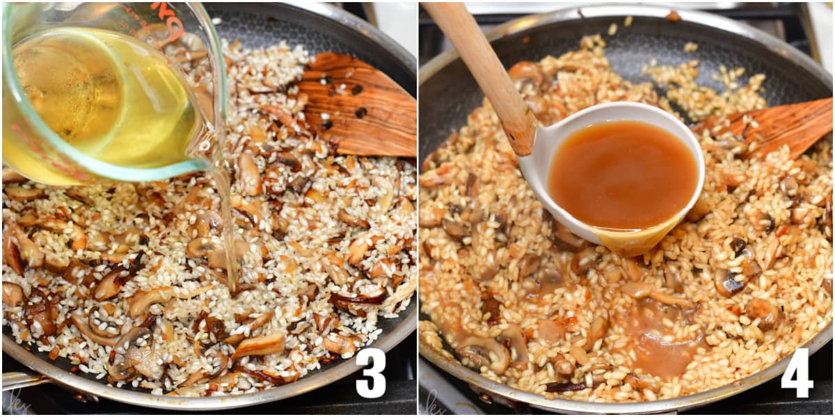collage of two images, wine being poured into pan, stock being poured into pan.