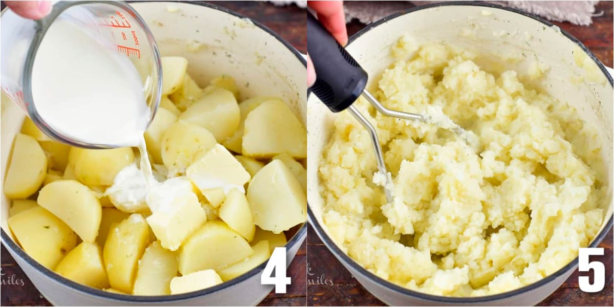 collage of two images of adding milk to cooked potatoes and mashing them until soft and fluffy.