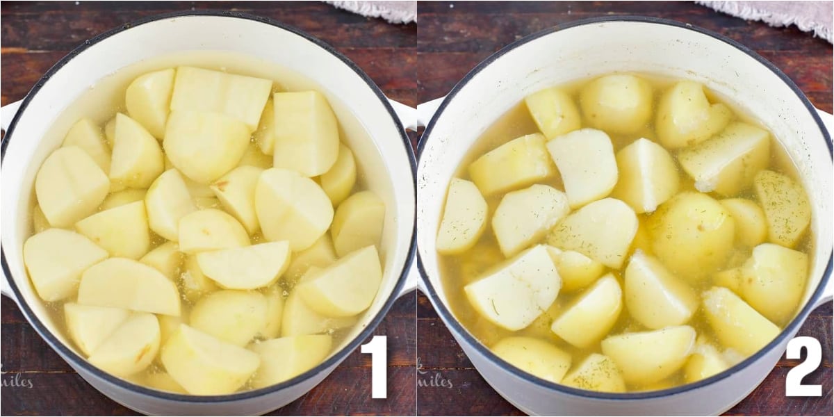 collage of two images of cut potatoes in a pot before and after boiling when completely tender.
