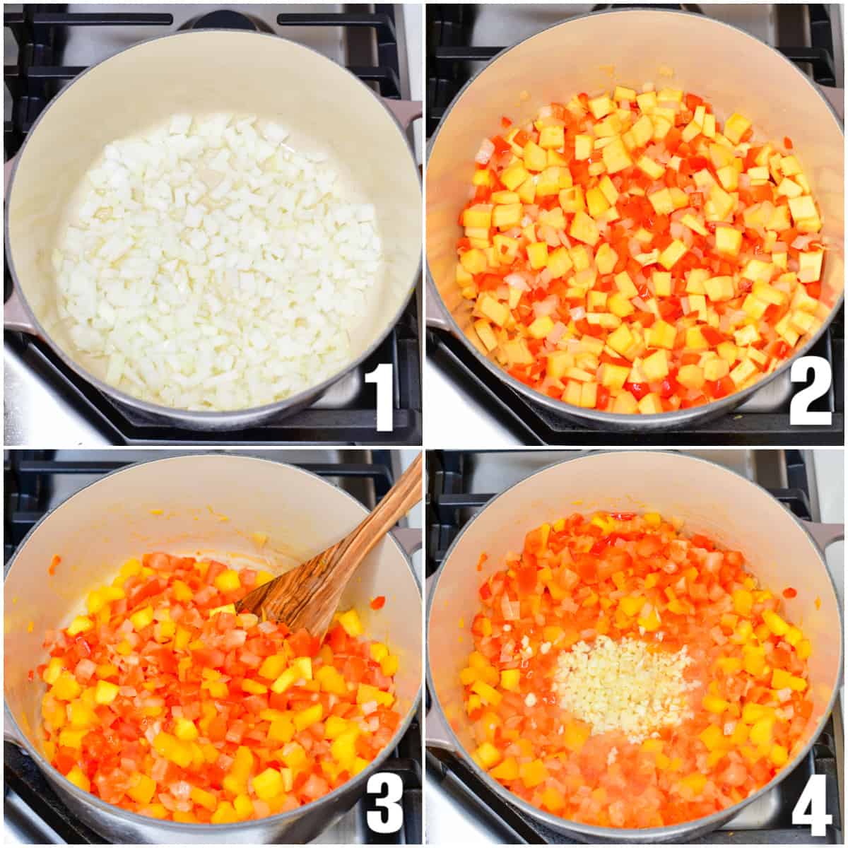 collage of four images of vegetables for pumpkin chili cooking in a pot