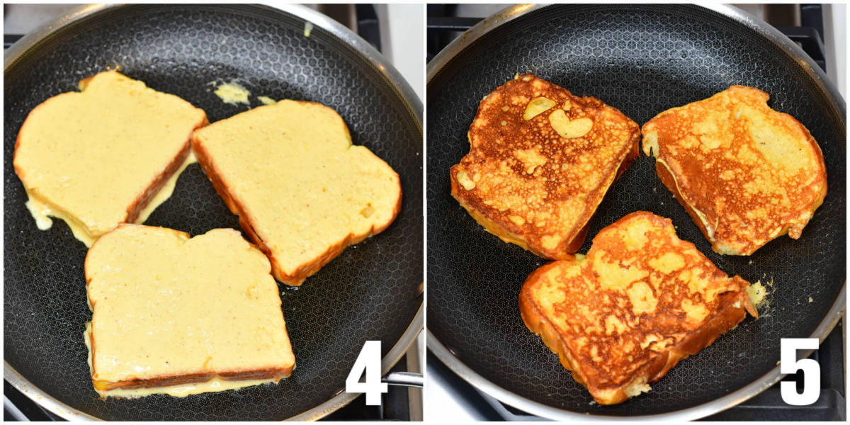 Collage of two images of three Eggnog French Toast being cooked in a pan before and after flipping.