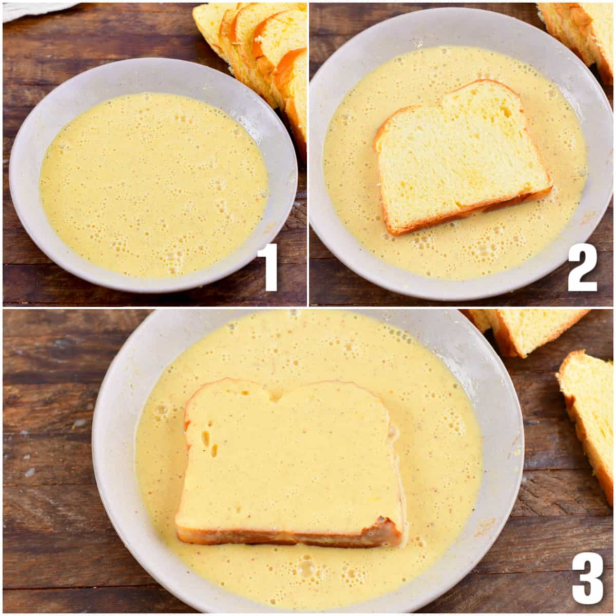 Collage of three images of brioche slices dipped in eggnog custard for French toast to soak it up.