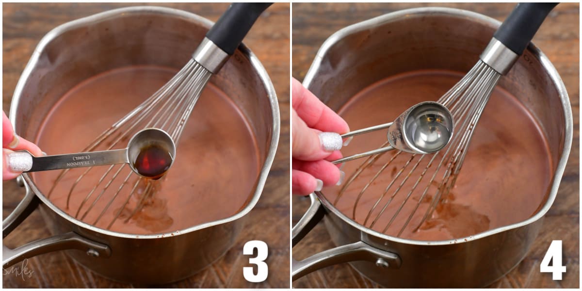 collage of two images of adding vanilla extract and peppermint extract to cocoa.