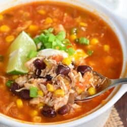 spooning some of the chicken tortilla soup from the white bowl.