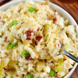 Colcannon in a bowl and scooping some out of the bowl with a fork.