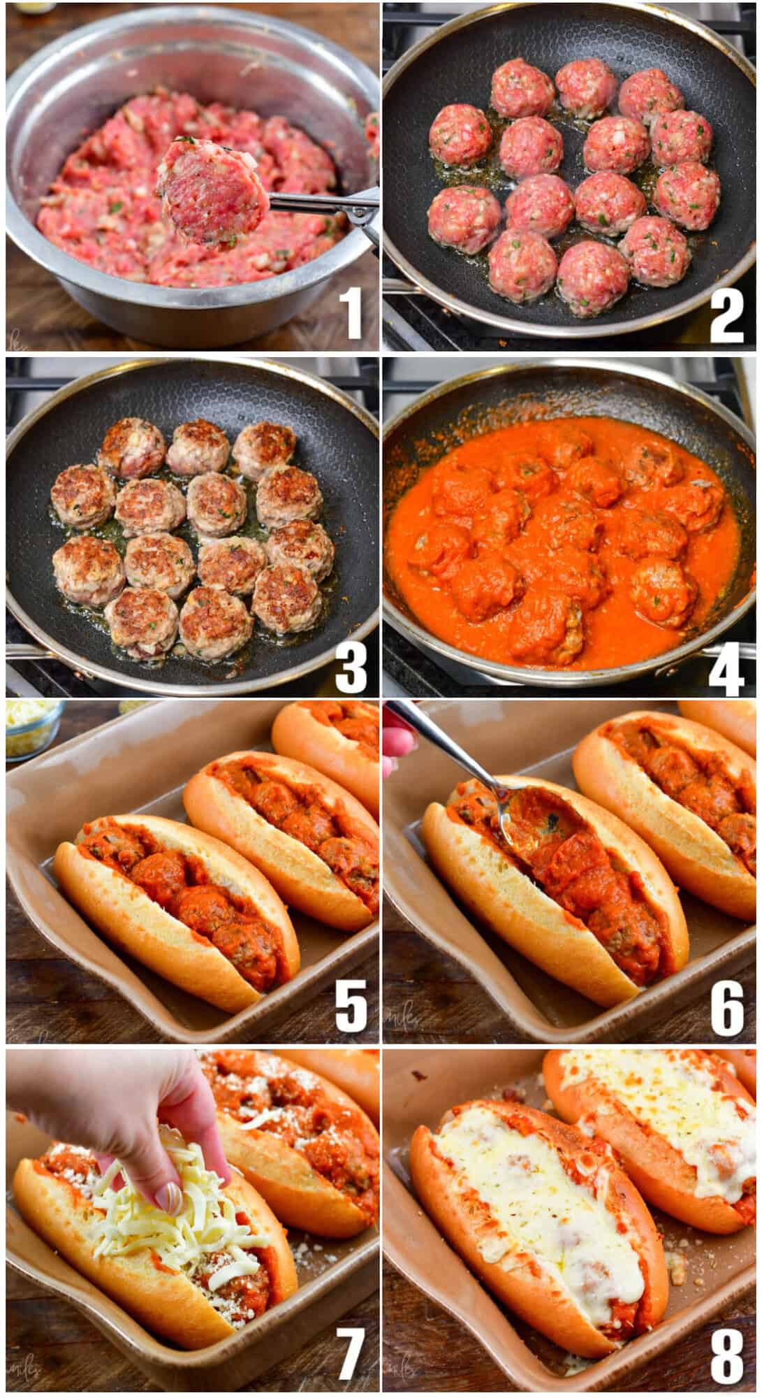 infographic of eight images of making Italian meatball subs steps.