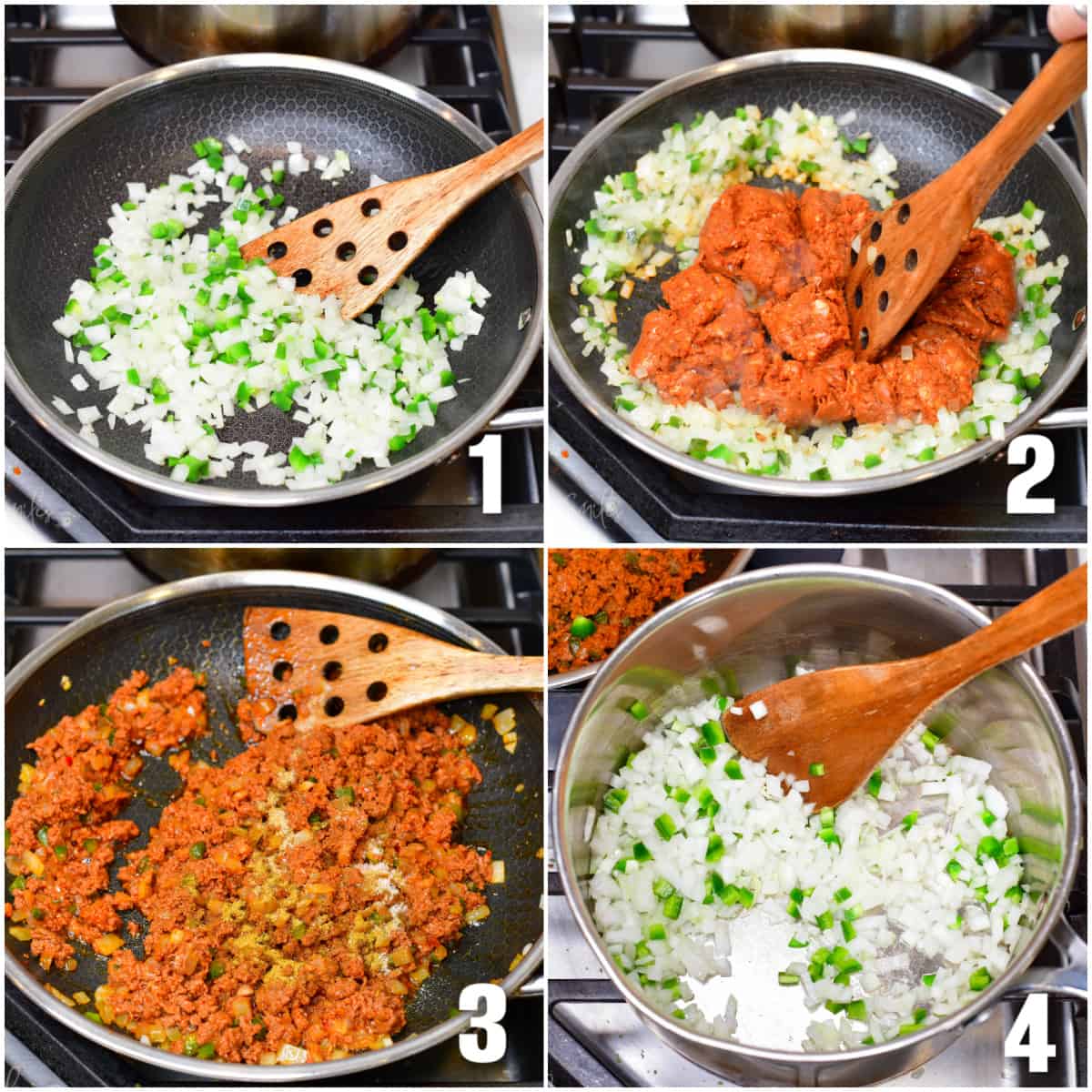 collage of four images of cookie veggies and chorizo for the queso.