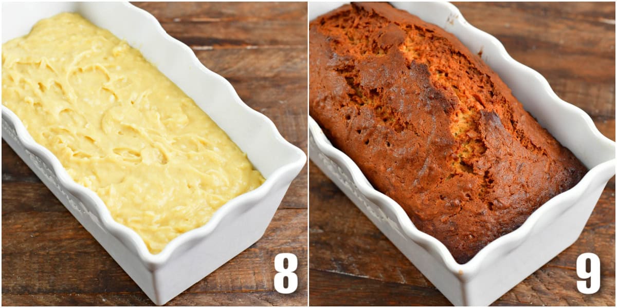 photo of two images of before and after baking coconut banana bread.