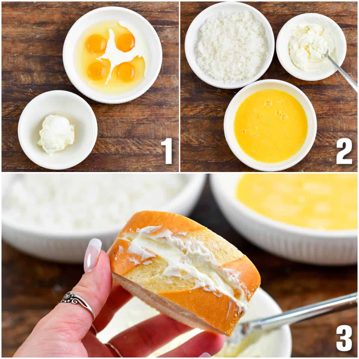 collage of three images of preparing stuffing and coating and stuffing the baguette slice.