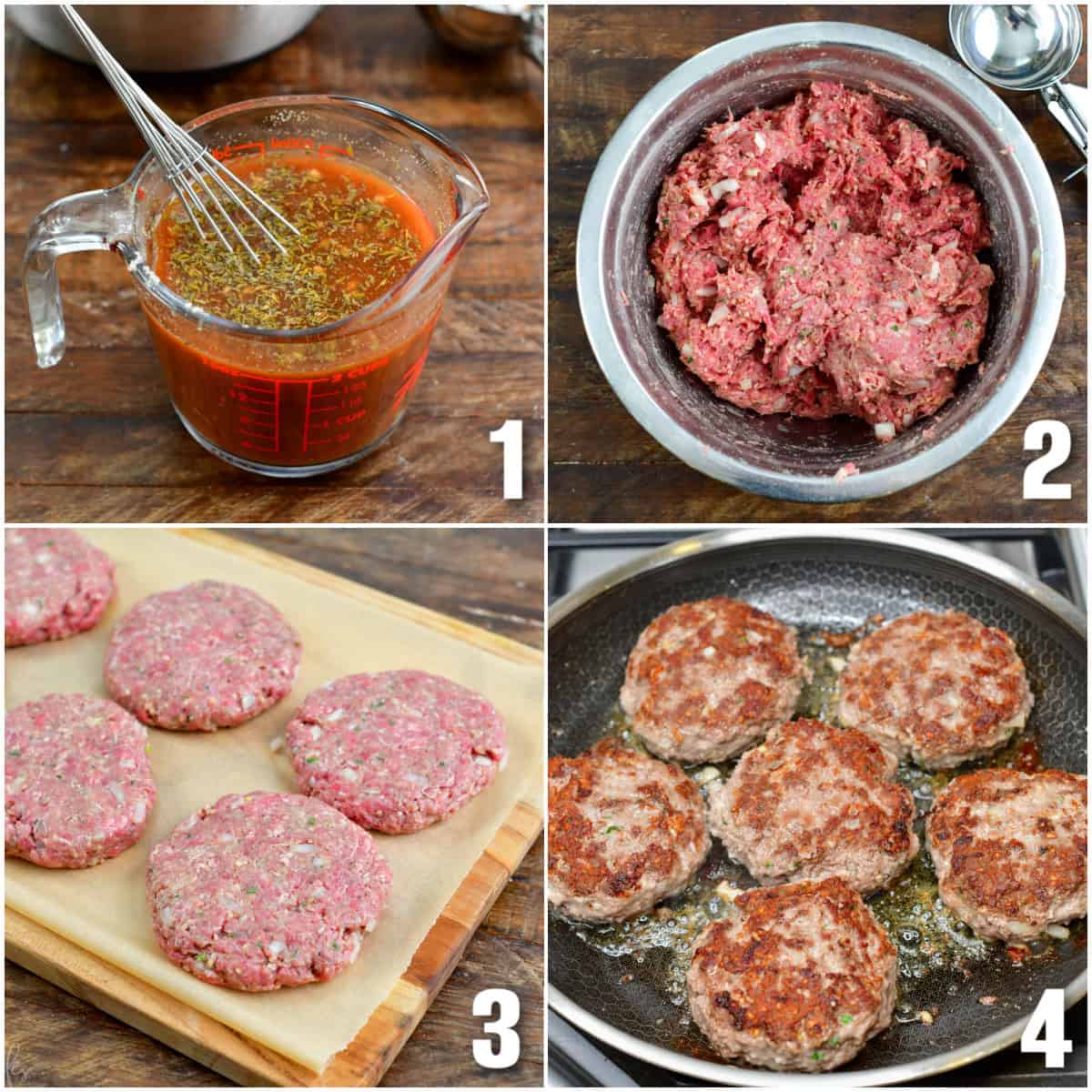 Collage of 4 images of making Salisbury streak patties and cooking them.