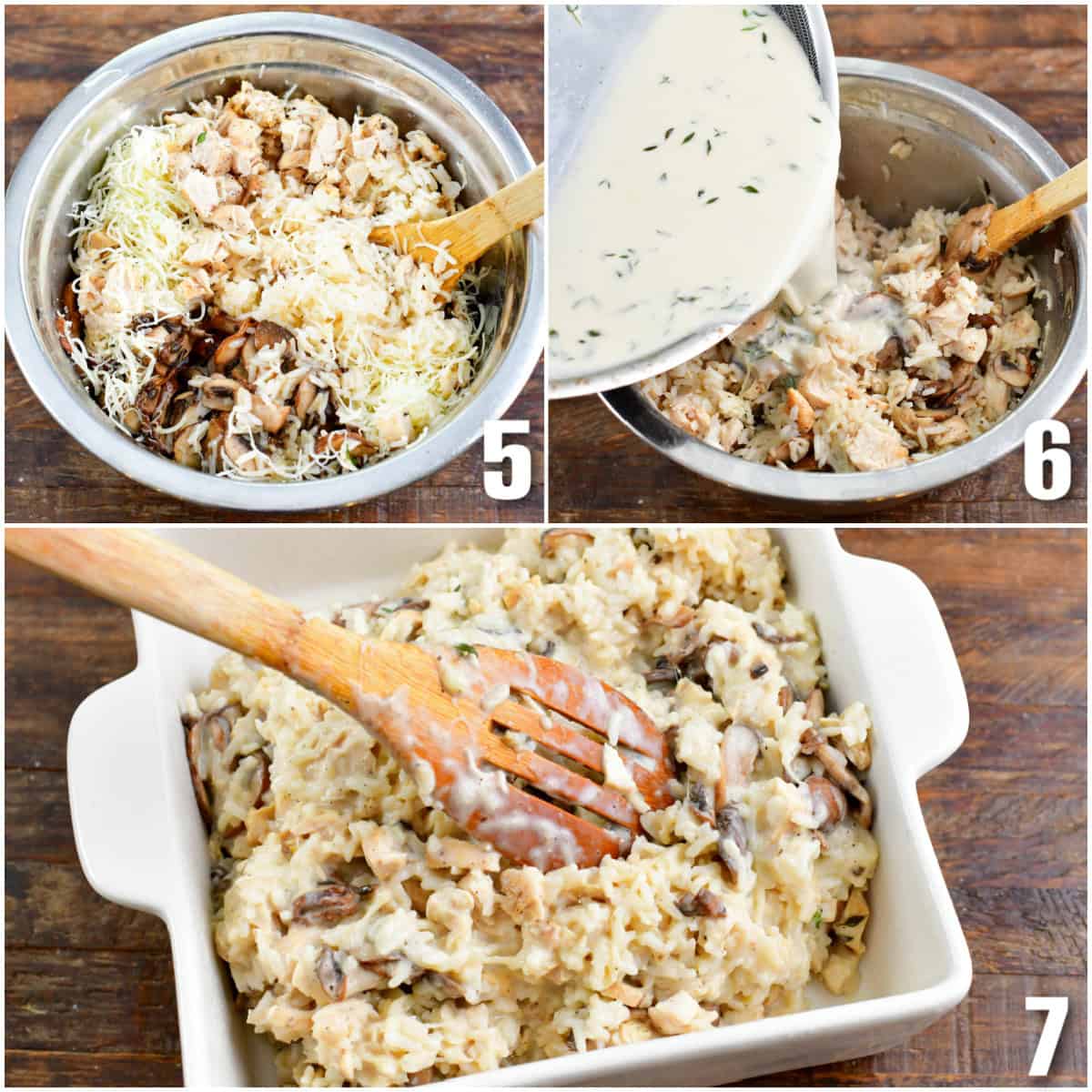 Collage of three images of mixing the ingredients together for casserole and putting it in a baking dish.