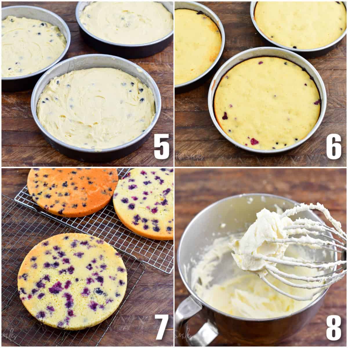 Collage of 4 images of before and after baking blueberry cake and making frosting.