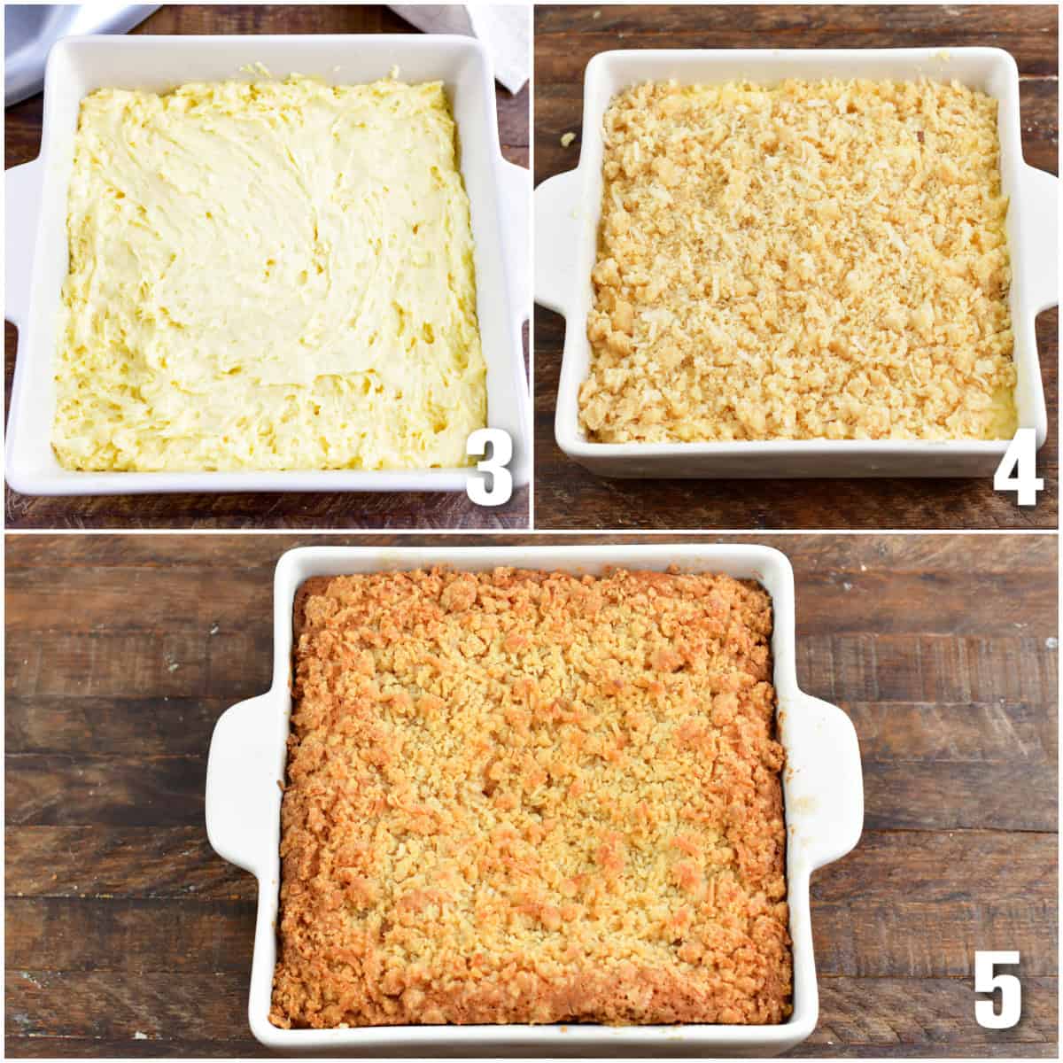 Collage of three images of coconut coffee cake batter spread in the pan before and after cooking.