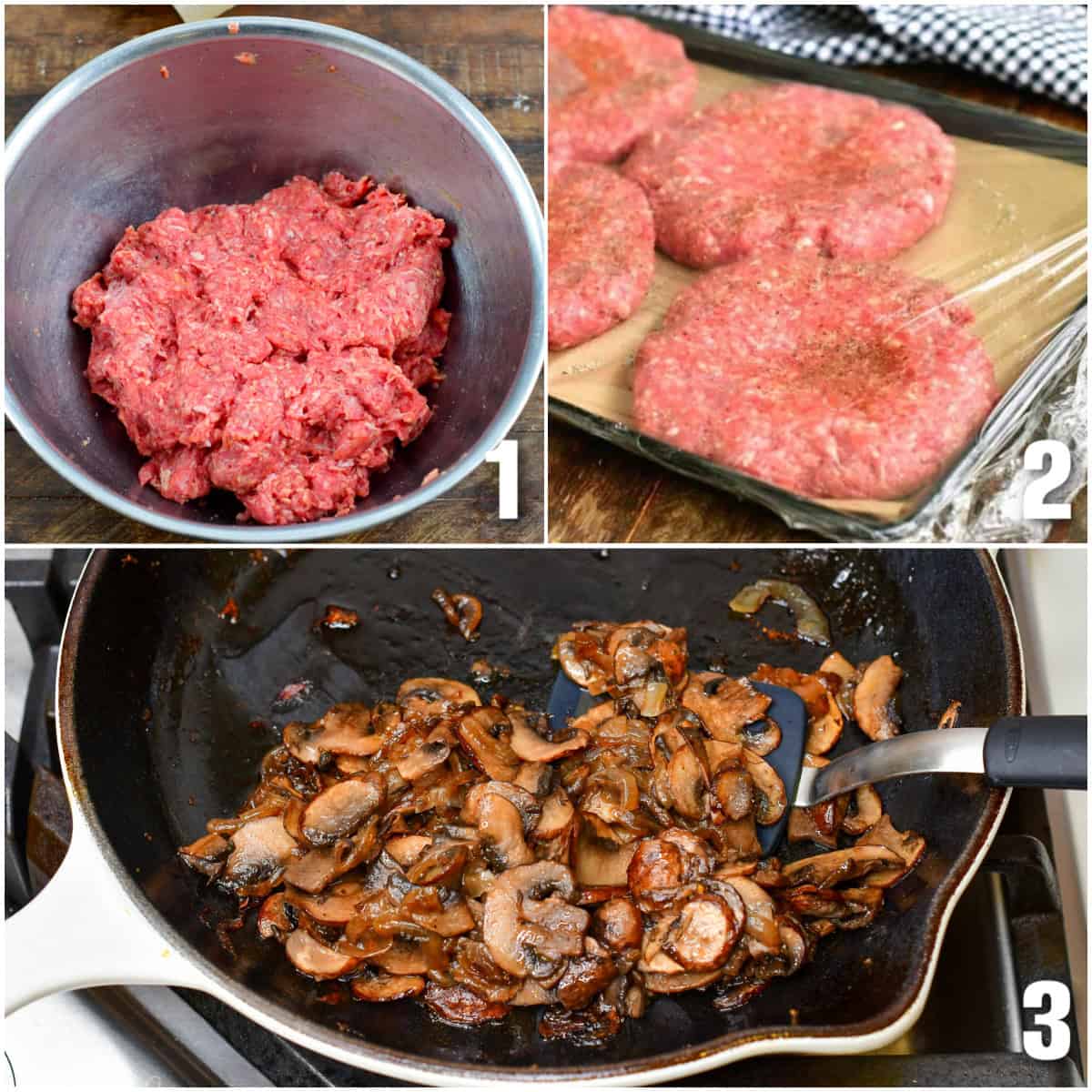 Collage of three images ground beef in a bowl, ground beef made into hamburger patties, and cooking mushrooms.
