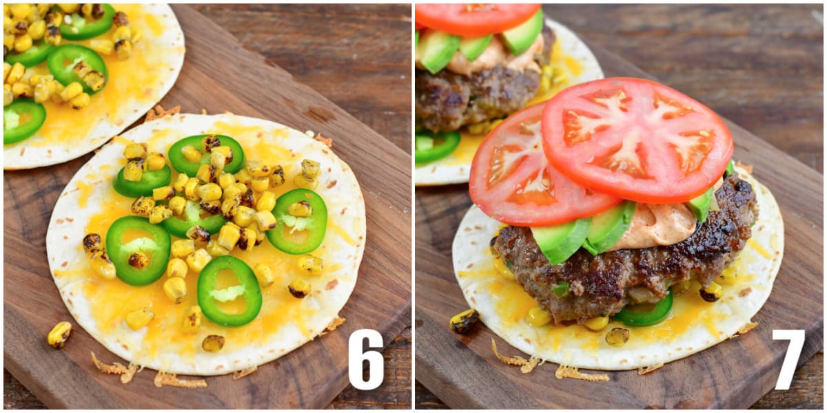 Collage of two images of assembling burger on a wood tray.