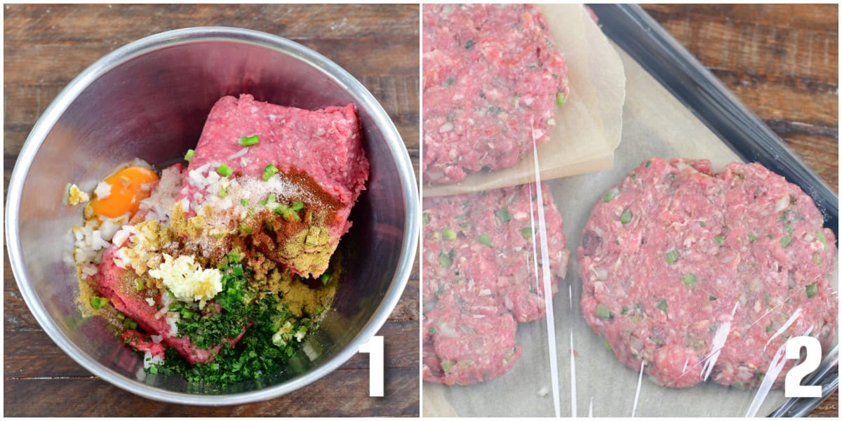 collage of two images of Quesadilla Burger burger mixture in a bowl and patties made and covered in plastic wrap.