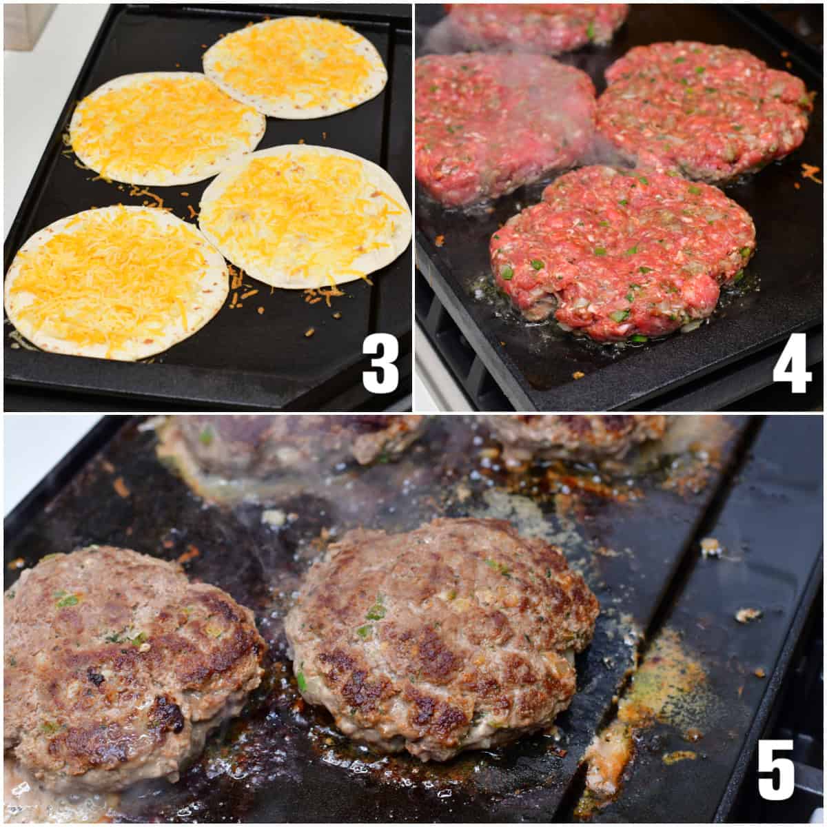 Collage of three images of cooking tortilla's with cheese on top and burgers on a gridle pan.