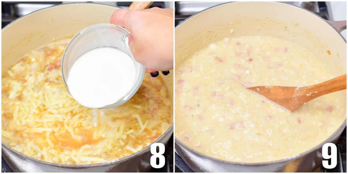 collage of two images of adding cheese and cream to cauliflower soup and then finished.