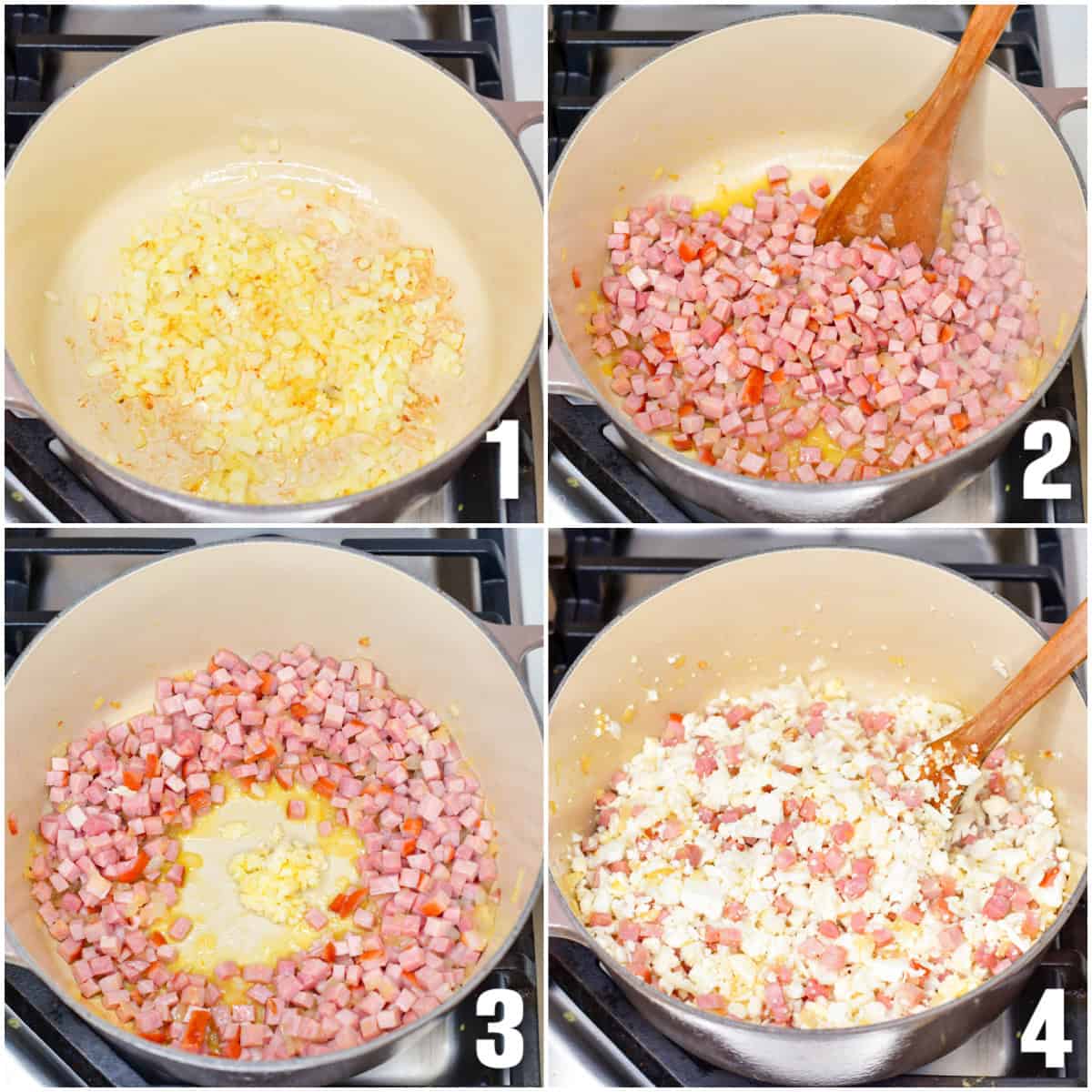 collage of four images of sauteing onion, ham, garlic, and diced cauliflower.
