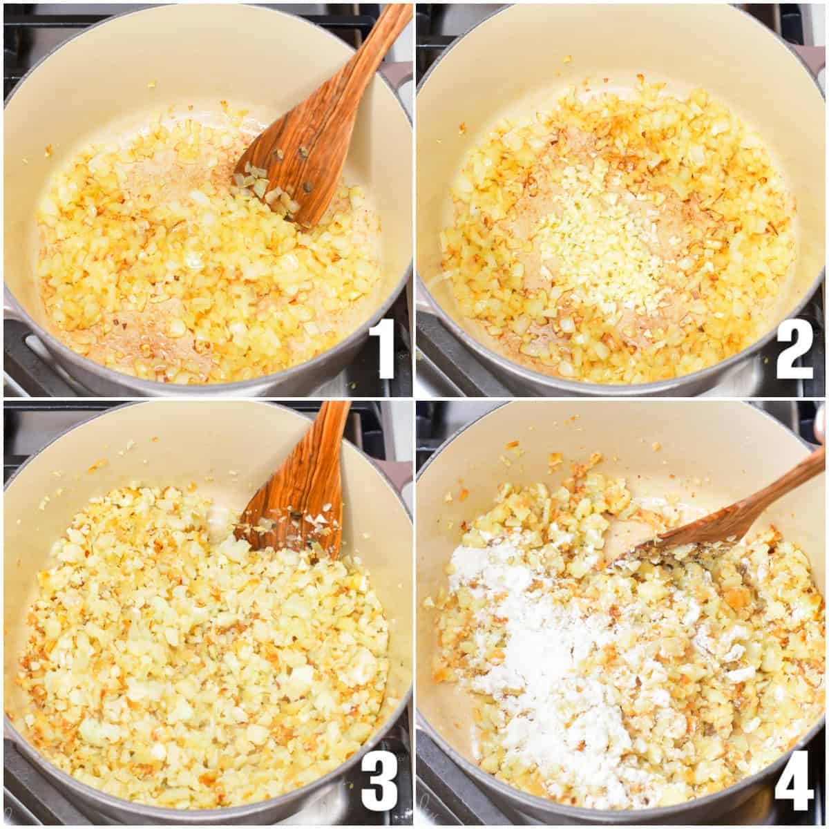 collage of four images of cooking veggies and adding flour to the cauliflower soup.